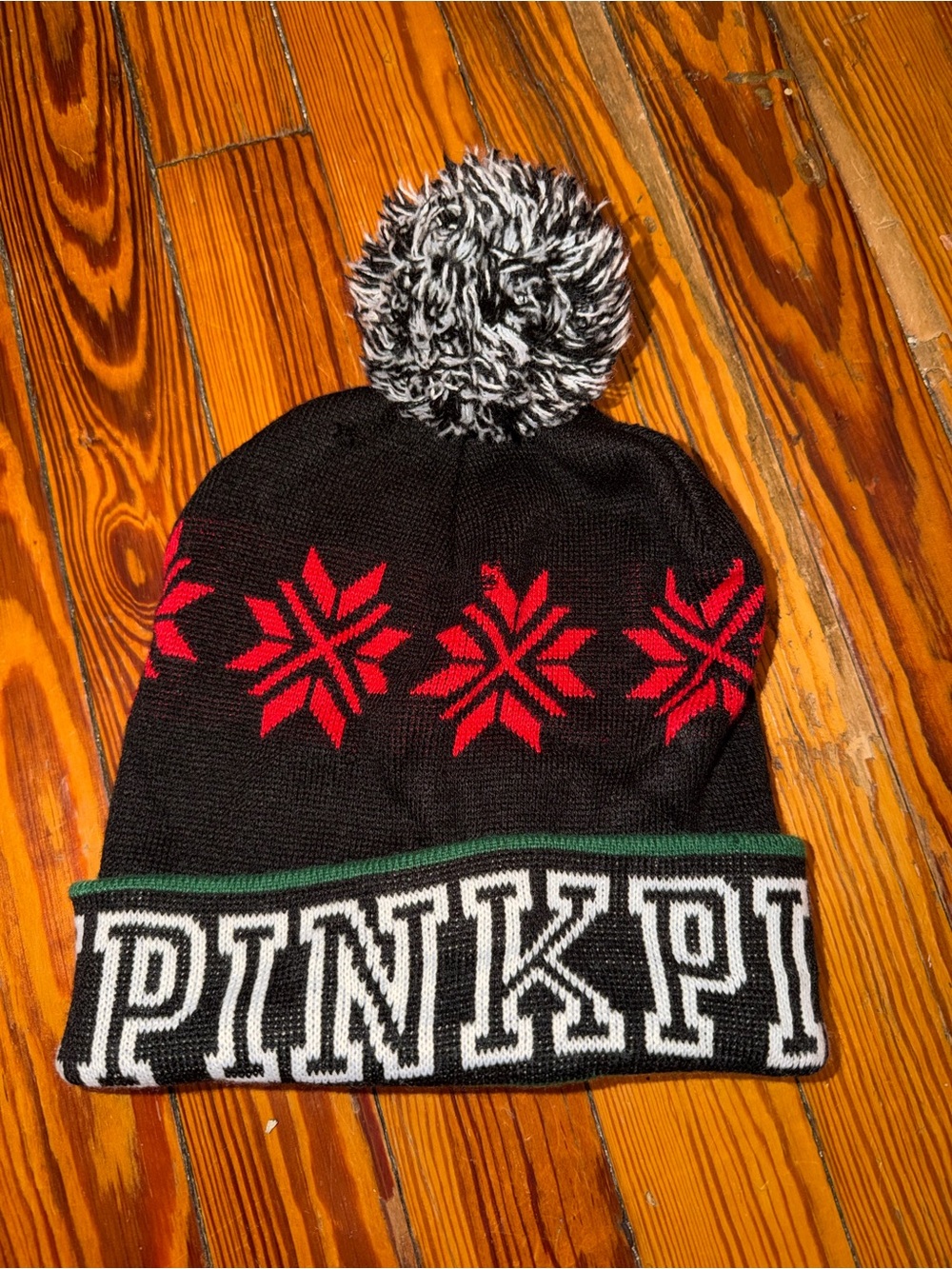 PINK Victoria's Secret Black Beanie with Red Snowflakes & Black-White Pom